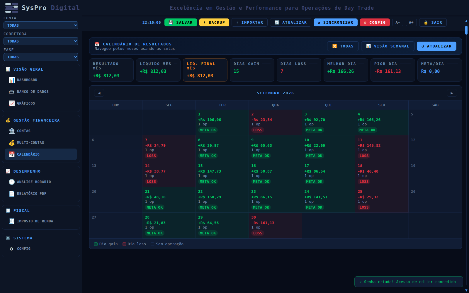 Calendário de resultados no SysPro Digital